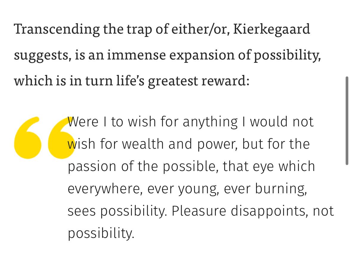 Screenshot of a Kierkegaard quote about the passion of the possible